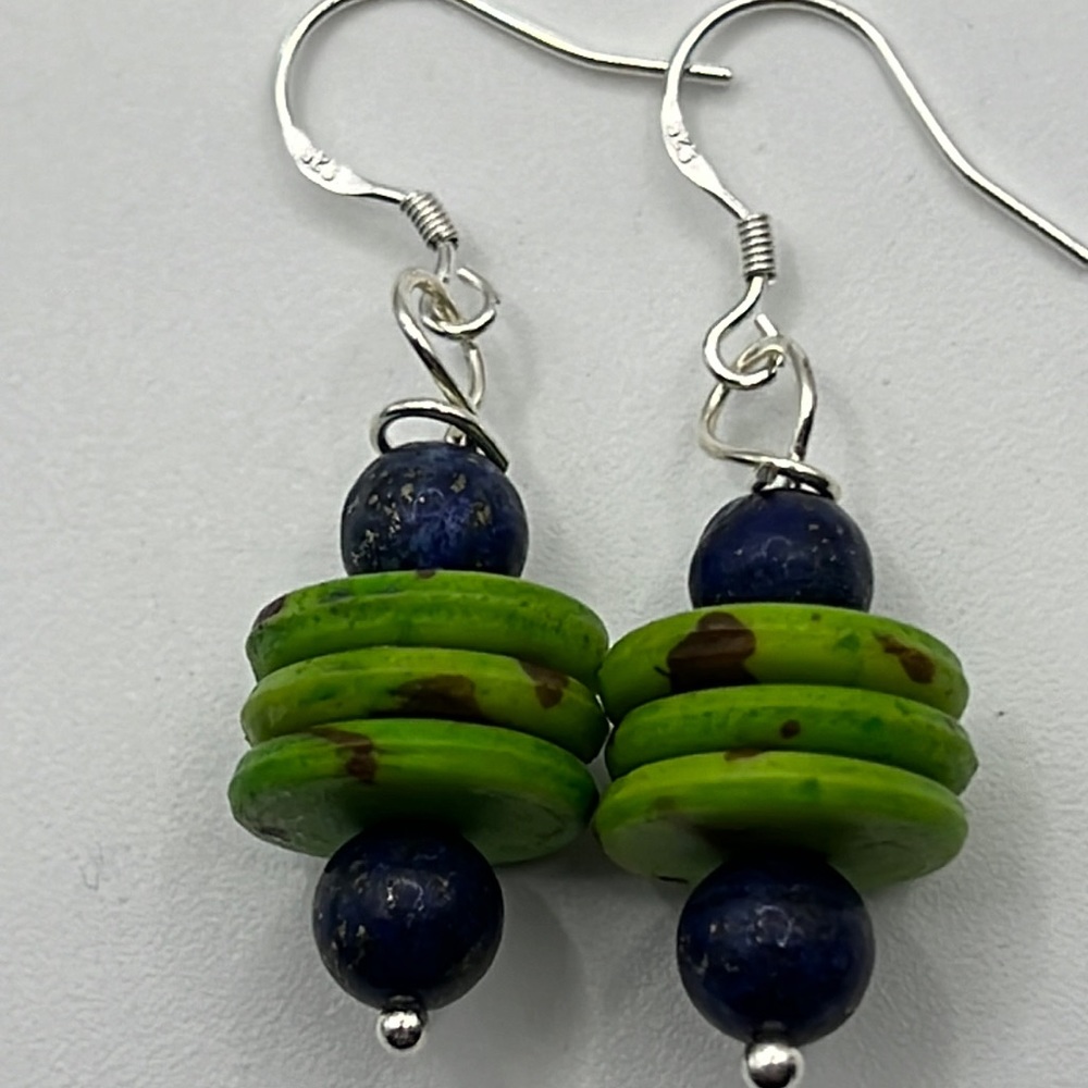 ARTISAN LAPIS AND DYED HORN EARRINGS WITH STERLING SILVER HOOKS